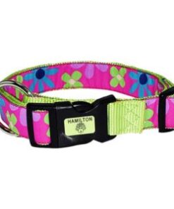 Hamilton-1-Adjustable-Dog-Collar-Large-fits-18-26-Ribbon-Overlay-Pink-Retro-Floral-Pattern